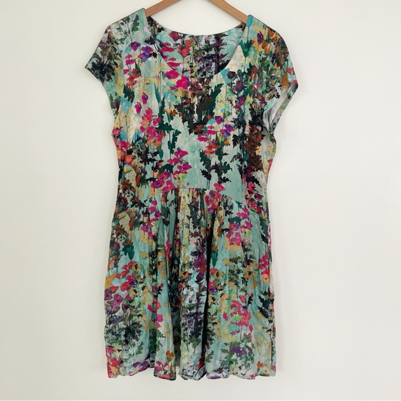 Peruvian Connection Tradewinds Dress L Large Floral Cap Sleeve Mint Green Midi - Picture 3 of 13